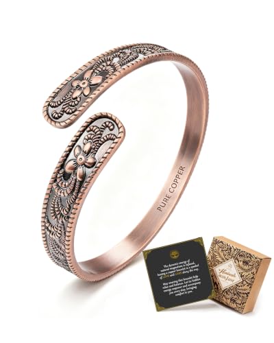 Trinckle Pure Copper Bracelets for Women, Flower Carved Copper Jewelry