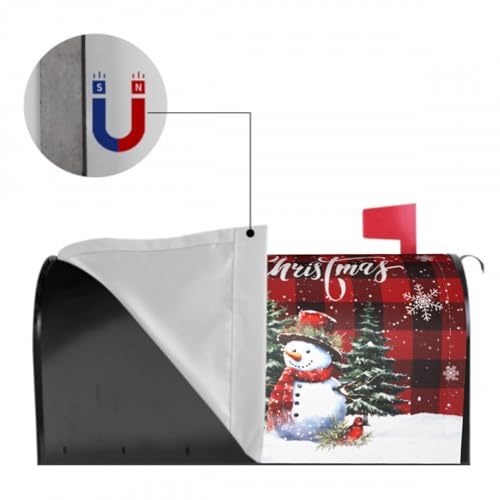 Image of Merry Christmas Buffalo Plaid Snowman Mailbox Cover - Magnetic, Standard Size 25.5 x 21 Inches, Holiday Decorative Wrap for Home Outdoor Garden