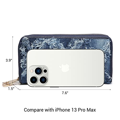 Mkp Collection Womens Fashion Double Zip Around Wallet Jean Denim Long Purse Credit Card Holder Bifold Ladies Cluth Wristlet Wrist Strap #TOP3