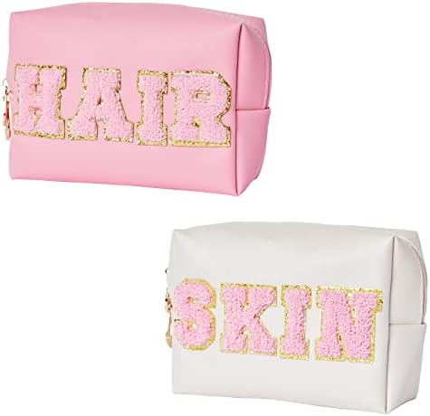 Burskit Preppy Patch Hair & Skin Portable Makeup Bag Bulk Pu Leather Cosmetic Bag Waterproof Travel Organizer Zipper Pouch Storage Purse for Women Girls Gift (Pink & Shell Gold)