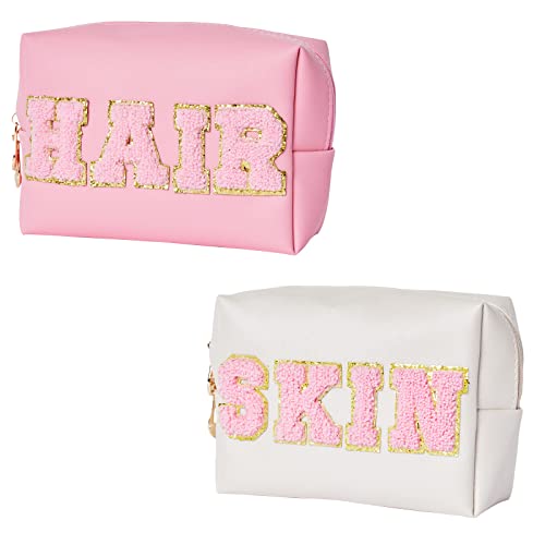 Burskit Preppy Patch Hair & Skin Portable Makeup Bag Bulk Pu Leather Cosmetic Bag Waterproof Travel Organizer Zipper Pouch Storage Purse For Women Girls Gift (Pink & Shell Gold) #TOP1