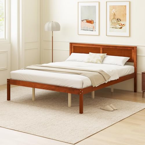 Image of GIANTEX Queen Wood Platform Bed Frame with Headboard, Mid Century Queen Bed Frame with Wood Slat Support, Solid Wood Foundation with 16 inch Under Bed Storage, No Box Spring Needed, Easy Assembly