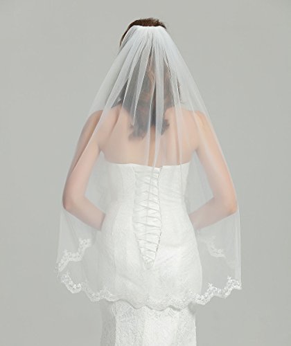 Beautelicate Wedding Bridal Veil With Comb 1 Tier Lace Applique Edge Fingertip Length 41" Ivory #TOP3