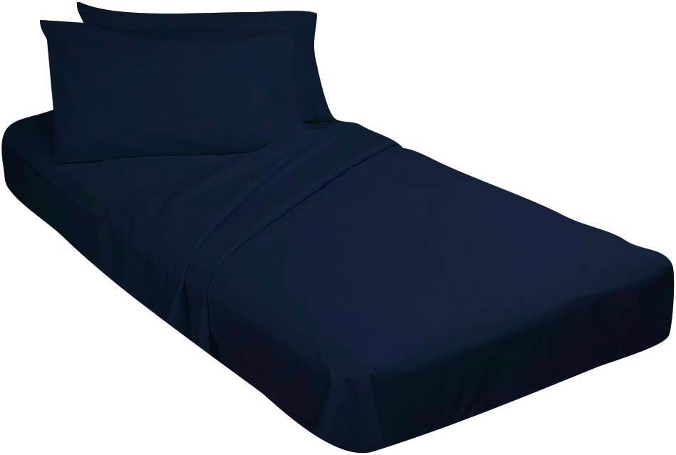100% Egyptian Cotton, 4 Piece Toddler Bed Set-Fitted Bottom Sheet, Flat Top Sheet, Standard Size Pillowcase, Navy Blue-14 Inch Pocket Length