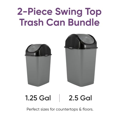Image of Superio Mini 1.25 Gallon and Small 2.5 Gallon Plastic Trash Cans with Swing Top Lid, Grey Waste Bin for Countertop, Desk, Vanity, Bathroom, 2 Pack (Grey /Black)