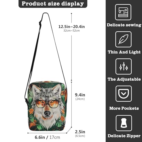 Crossbody Bag Glasses Wolf Animal Tropical Messenger Bag for Women Men Purse Shoulder Bag Satchel Bag with Adjustable Strap 214B60003
