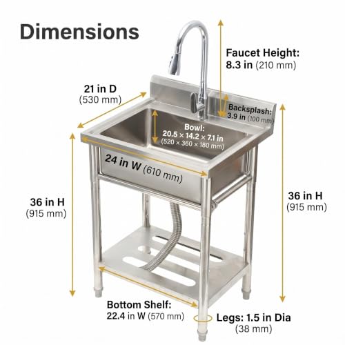 Image of Garvee 24 inch Stainless Steel Sink Freestanding Utility Sink with Large Single Basin, Pull-Out Hot & Cold Brass Faucet, Storage Shelf, Drain Kit - Heavy Duty Restaurant Laundry basin for Garage, Kitchen