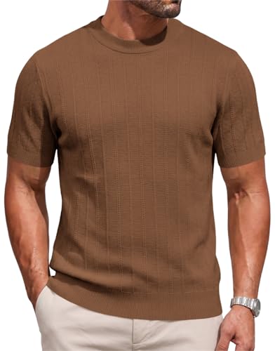 Image of Focixfor Mens Knitted T Shirt Short Sleeve Summer Crew Neck Striped Ribbed Casual Golf UK Shirts Brown 2XL