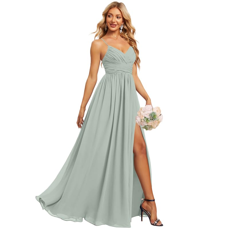 V Neck Chiffon Bridesmaid Dresses for Women Split Long Empire Waist Pleated Formal Dress with Pockets P139