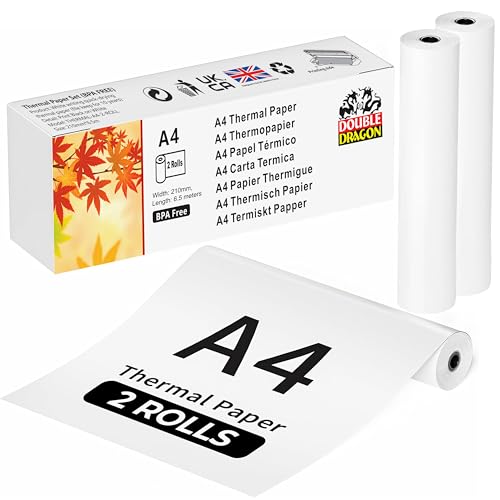 Double Dragon Thermal Printer Paper 2 Rolls (210mm x 6.5m) | Compatible with Phomemo M832/M833/M834 Munbyn ITP01/ITP04/A40 Peripage Brother Vretti & Other Thermal Printers