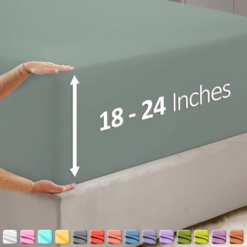 Image of Hearth & Harbor Extra Deep Pocket Queen Fitted Sheet - Fits 18 to 24 Inch Mattress - Ultra Soft 1800 Microfiber, Wrinkle-Free & Breathable - Hotel Luxury Fitted Sheet Only, Sage Green