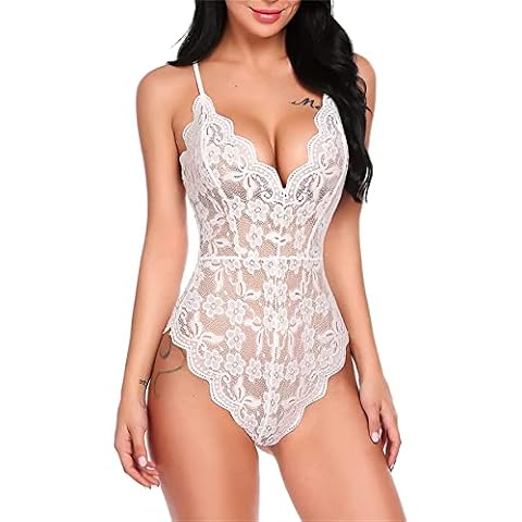 Manxing Women Sexy Teddy Lingerie Lace Babydoll Deep V One Piece Bodysuit Nightwear Lace Sleepwear White, M Cover