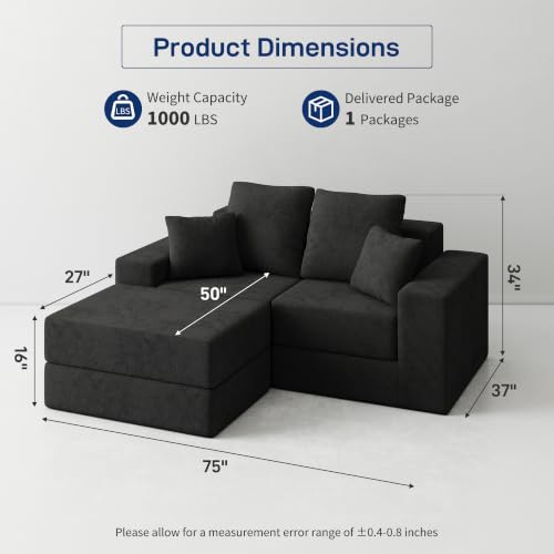 Image of Cloud Modular Sectional Sofa, Comfy Boneless Couch for Living Room, Modern L-Shaped Couch with Reversible Chaise, Customizable Sleeper Sofa with Non Slip, No Assembly & Deep Seat, Black
