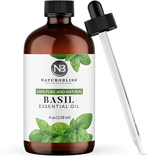 Image of NaturoBliss 100% Pure Basil Essential Oil Therapeutic Grade Premium Quality (4 fl. oz) with Glass Dropper, Perfect for Aromatherapy