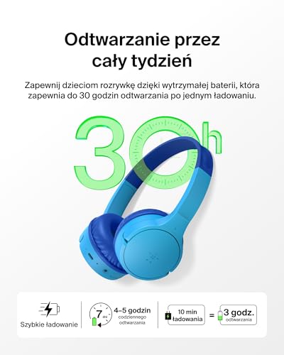 Bezprzewodowe słuchawki dla dzieci Belkin SoundForm Mini, wbudowany mikrofon, 30 h odtwarzania, z naklejkami – nauszne słuchawki do nauki zdalnej, szkoły, podróży, iPhone'a, iPada, Galaxy – niebieskie