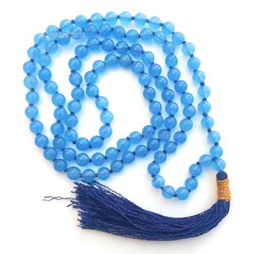 Image of Apnisanskriti Premium Blue Chalcedony Stone Mala for Men and Women (6mm, AAA Quality, Lab Certified, 108+1) - Natural Stone Beads Mala - Light Blue Colour - Pack of 1
