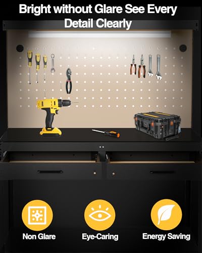Image of Pterying Work Benches for Garage, 3-Tier, A3 Steel | For Garage, Workshop & Basement, 2 Drawers, 4 AC Outlets, 2 USB Ports, Pegboard, 12 Hooks, 600 LBS