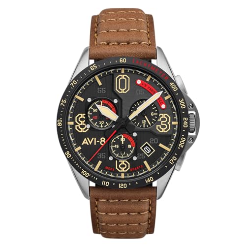 AVI-8 Herren 43mm P-51 Mustang Blakeslee Chronograph Bronze Oak Japanische Meca-Quarz Fliegeruhr mit Lederarmband AV-4077-02