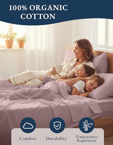 Image of LANE LINEN Queen Size Sheets Set, 100% Organic Cotton Sheet Set, 4 Pc Queen Sheets, Percale Weave, Breathable Hotel Quality Queen Size Deep Pocket Cooling Sheet, Oeko-Tex Sheets - Lilac