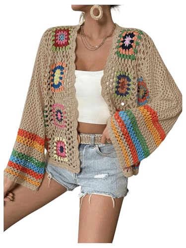 Image of SHENHE Women's Floral Crochet Cardigan Hollow Out Open Front Long Sleeve Cardigan Sweater
