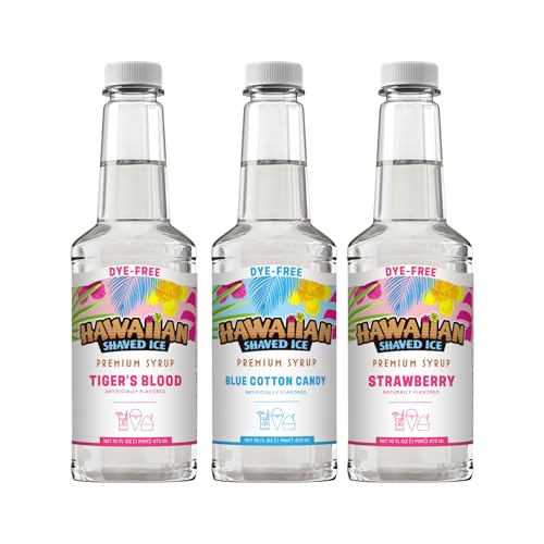 Hawaiian Shaved Ice Syrup Assortment, 3 Pack Dye-Free Flavors: Blue Cotton Candy, Tiger’s Blood and Strawberry