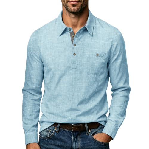 Polo à manches longues pour hommes col de revers anti-froissement avec poche