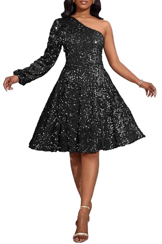 VERWIN Damen Kleid Mit Pailletten Ein Schulter Langarm Skaterkleid Ärmellos Midikleid Funkelndes Lässiges Party Cocktailkleid, Schwarz , M