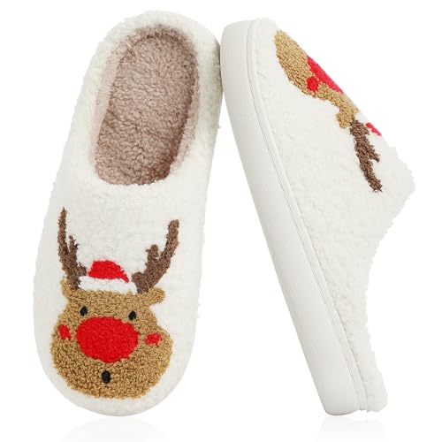 Image of Menore Christmas Reindeer Slippers for Womens Mens Plush Warm Santa Claus Slippers Fuzzy House Slippers Christmas Gifts For Girls Women Girlfriend