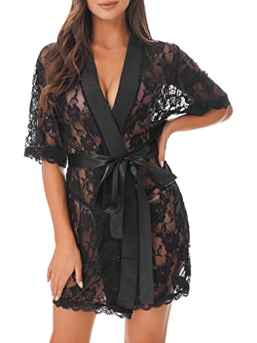 Nimiya Sexy Lingerie de Nuit Femme Dentelle Peignoir de Bain Robe de Nuit Transparent Kimono Robe de Chambre Manche Court Nuisette Déshabillé Vêtements de Nuit Noir L Cover