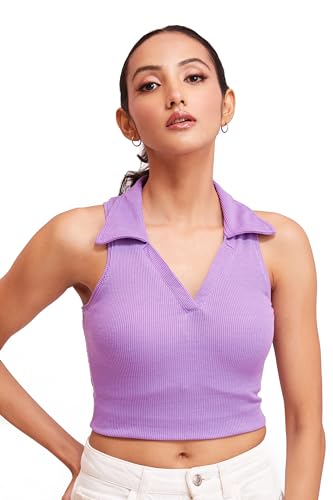 Image of BERRY BIRD Stylish Sleeveless V-Neck Slim Fit Collar Ribbed Knit Tank Crop Tops for Women & Girls Beach and Gym Wear and Western Trendy Fashion