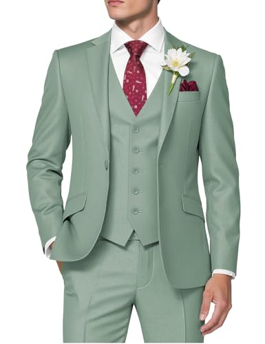 HUUTOE Completo da Uomo in 3 Pezzi, Slim Fit, Abiti da Ballo per Uomo, Abito da Sposa, Giacca Estiva, Giacca, Gilet, Pantaloni, Set Smoking, Verde Salvia., XL