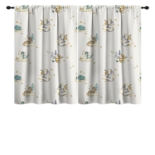 Image of Fantasy Cute Baby Dragon Curtains - Watercolor Mid Century Woodland Cartoon Dragon Thermal Insulated Blackout Curtains - Rod Pocket Window Treatment Drapes for Bedroom 2 Panels 63L x 42W