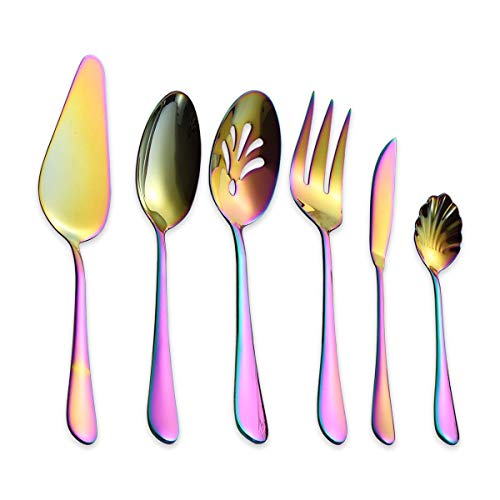 Berglander Stainless Steel Golden Titanium Plated Flatware Serving Set 6 Pieces, 5 Serving Pieces of 45 Pieces Flatware With 1 Cake Server,Serving Silverware Set (Shiny Golden)