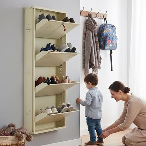 Image of Wall Mounted Shoe Rack - 4 Door, Metal Shoe Rack Cabinet with Doors | Covered & Dustproof | Space Saving Shoe Organizer for Home & Balcony (52 x 21 x 6 Inch, Ivory)