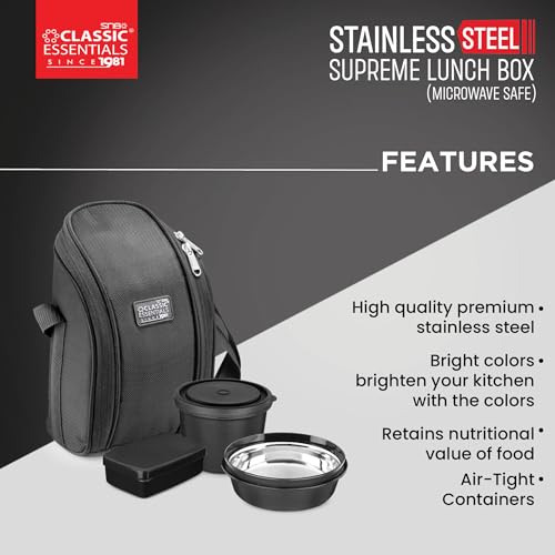 Image of CLASSIC ESSENTIALS Supreme All in One Lunch Box with Insulated Bag | Microwave Safe Containers with Steel Inner | Leak Resistant (Without Bottle, Black, 3 Containers)