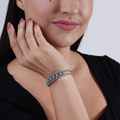 American West Sterling Silver Blue Turquoise Gemstone 7-Stone Double Rope Floral Cuff Bracelet Size M #TOP1