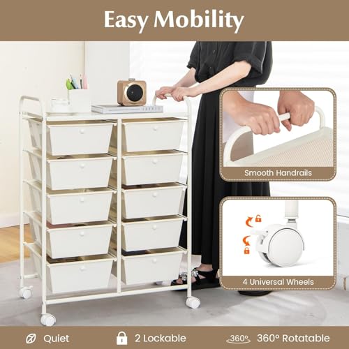 Image of LDAILY 10 Drawer Rolling Cart, Storage Cart Organizer on Wheels, Drawer Cart with Metal Frame & Large Storage Capacity, Rolling Cart with Drawers for Living Room Classroom, Office