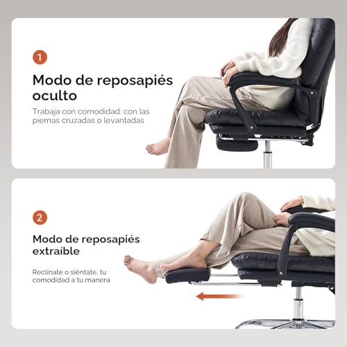 Miniatura 8 de Emiah Silla De Oficina Ergonómica Con Reposapiés, Silla De Escritorio Ejecutiva Reclinable, Sillón De Cuero Pu, Modernas Cómoda Silla De Ordenador Tocador Con Ruedas, Bonita Silla Para El Hogar, Negro