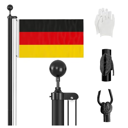 ZMTECH Fahnenmast 6m Stabil für den Außenbereich, 600 cm Aluminium Garten Flaggenmast mit 2 Deutschland Flagge, Seil und Klammern für Feste, Garten, Haus, Wohn- und Geschäftszwecke, Schwarz