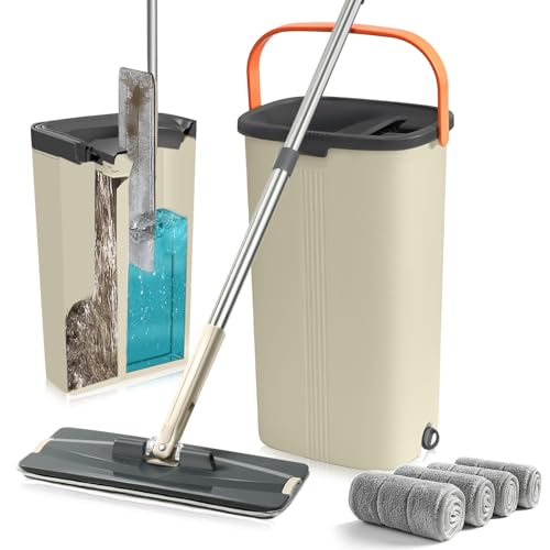 Wischmopp Set mit Eimer 2-in-1 Bodenwischer mit 360° Drehkopf & Auswringfunktion Putzeimer mit Wischmop Edelstahlgriff und 4 Mikrofaserpads Handfreies Reinigungssystem Für Parkett Laminat & Fliesen