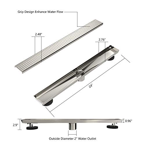 USHOWER 24-Inch Square Pattern Grate Linear Shower Drain, Includes Drain Flange Kit, 304 Stainless Steel Brushed Nickel - Thumbnail 5