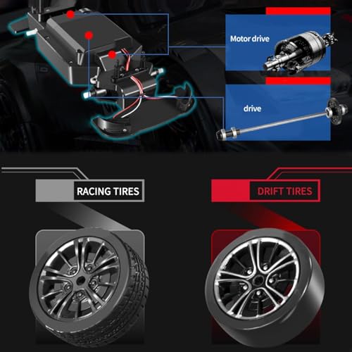 Image of Remote Control Drift Car 1:10 Scale RC Racing Car with LED Lights, 4WD High Speed Electric Drift Vehicle, Extra Tires, Rechargeable Battery, Kids & Adults Gift