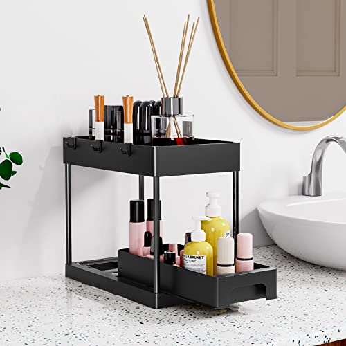 Huggiecart Under Sink Organizers And Storage, 2 Tier Bathroom Organizer With Pull Out Sliding Drawers, Multi-Purpose Organization And Storage With 4 Hooks For Bathroom, Cabinet Organizer (Black) #TOP2