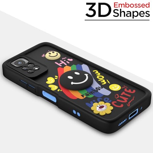 Image of Pikkme Back Cover for Redmi Note 11 / Note 11s | Soft Silicone| Cute Rainbow Smile & 3D Cartoon Flower Design | Shockproof Raised Camera Protection Bumper Case (Black)