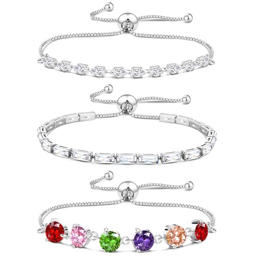 Image of JeweBella 3Pcs Silver Bracelet for Women Cubic Zirconia Adjustable Slider Bracelets Glitter Tennis Bracelet Gold Silver Bracelets Set