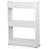 Yaheetech 3 Tier Mobile Shelving Unit Slim Slide-Out Storage Tower Pull out Pantry Shelves Cart for Kitchen Bathroom Bedroom Laundry Room Narrow Places on Wheels White