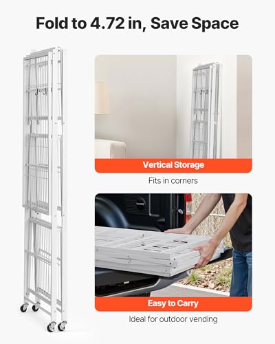 Image of VEVOR 4-Tier Foldable Storage Shelf, 36W x 21D x 60 H Inch Folding Metal Rack Shelving Unit, No Assembly Organizer Shelf with 5 Wheels & 4 Hooks for Pantry, Kitchen, Garage, Basement, White
