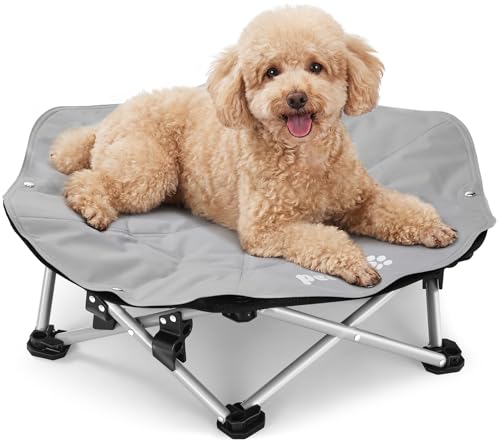 pecute Outdoor Hundeliege erhöht, 3s Faltbar Haustierbett mit Abnehmbarem Kühlmatte Hunde Katzen, Stabile Hundebett mit Atmungsaktivem Teslin- Netz in und Outdoor Camping, bis 60 kg, 66x60x15cm, Grau