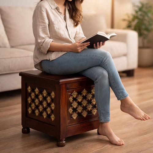 Image of Wooden Storage Stool with Lid | Handcrafted Multipurpose Stool for Sitting, Side Table & Storage | Solid Wood Square Ottoman for Living Room & Bedroom (Modern)