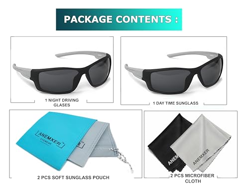 Image of Anemxer Combo of Night Driving HD Vision Glasses with Diamond Cut Design and Black Daytime UV400nm Sunglass for Men Women Anti Glare For Night Bike Riding Car driving